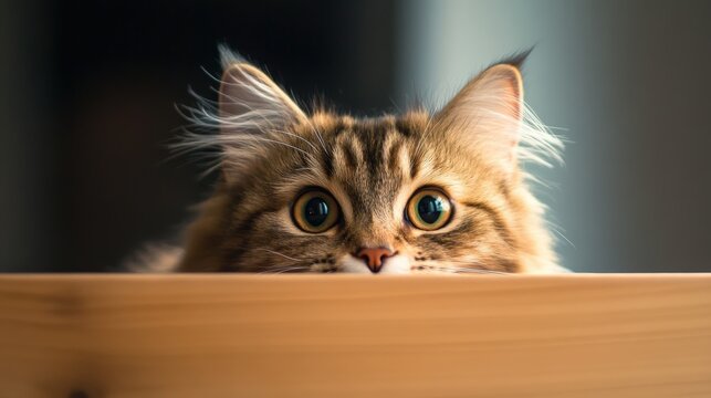 An adorable, fluffy cat peeking over a wooden surface, curious and playful.