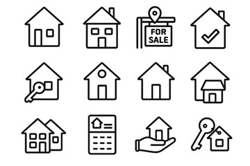 Fototapeta premium Real estate line icon set modern collection for design, websites, apps, cards, linear house and key symbols, vector cartoon illustrations, property and home icons