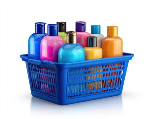 A blue basket filled with various colorful plastic bottles with white background