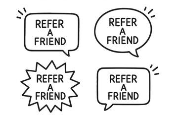 Refer a friend doodle icon set. Hand drawn vector speech bubbles for referral program marketing. Promotion and advertising concept. Loyalty reward business strategy design element.