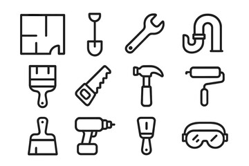Repair and Renovation Line Icon Set for Design and Web with Floor Plan, Shovel, Wrench, Pipe, Hammer, Saw, Paint Roller, Drill, Safety Goggles, Vector Linear Tools Collection