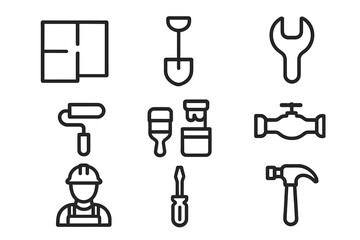 Repair and renovation line icon set with floor plan, shovel, spanner, pipe, paintbrush, roller, hammer, worker and screwdriver. Modern vector collection for design, web, apps, and cards