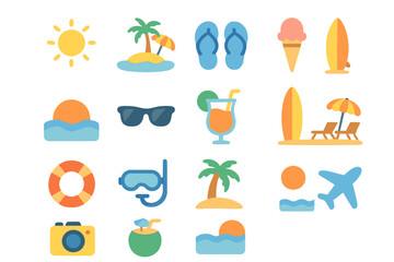 Summer beach and vacation icons set, travel and holiday symbols, tropical landscapes, surfing, summer activities, seasonal leisure vector illustration, sunny holiday elements