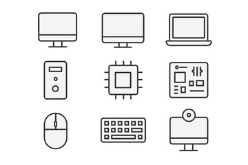 Minimalistic Linear Computer Icons Set with Editable Stroke for Cards, Apps, Banners, and Posts. Vector Cartoon Illustration Technology Devices, PC Hardware Symbols Collection