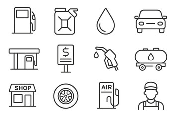 Set of Editable Stroke Line Icons for Gas Station, Fuel Pump, Gasoline Can, Car, Price Sign, Air Pump, Tire, and Service Shop. Minimalistic Linear Vector Pictograms for Apps, Banners, Cards, and Posts