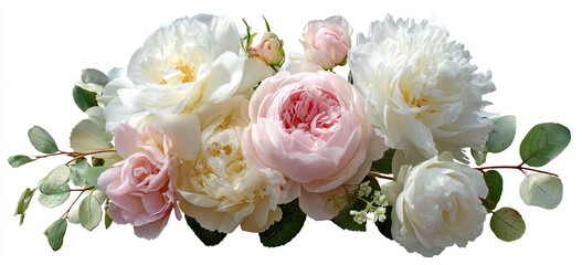 A lush arrangement of creamy white and blush pink flowers with green foliage against a white background