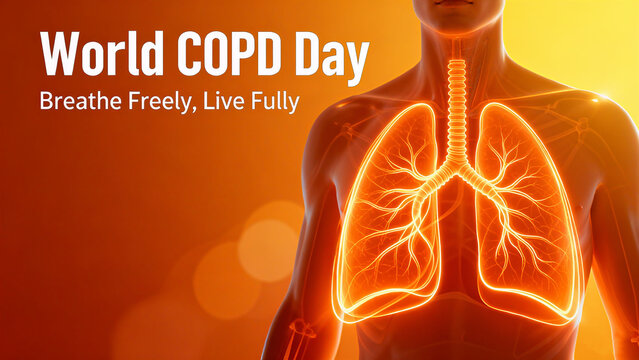 The human body silhouette and glowing lungs represent the concepts of World COPD Day, free breathing, and a better life, and are suitable for health advocacy scenarios.
