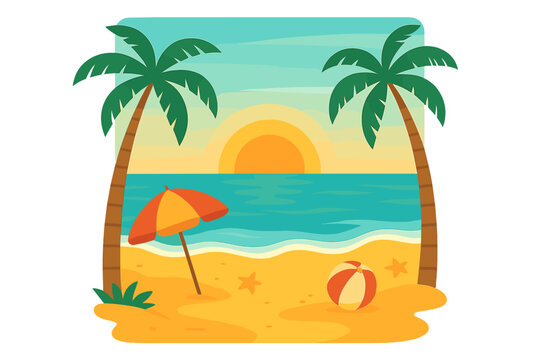 Summer beach party poster template with tropical palm trees, sandy beach, ocean waves, bright sun, beach umbrella, and beach ball vector illustration for summer events and vacations