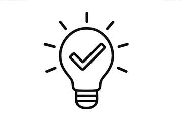 Smart idea concept with lightbulb and checkmark. Thin line vector icon for verified solutions, successful brainstorming, creativity, innovation. Approved and validated choice.