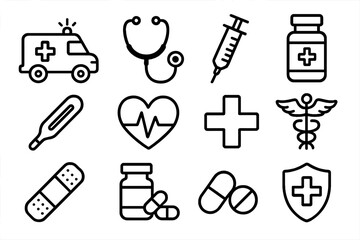 Medical and healthcare thin line icon set. Vector symbols for hospital, pharmacy, and emergency care. Includes ambulance, stethoscope, syringe, pills, and heartbeat icons.