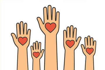 Obraz premium Raised hands with hearts vector icon. Concept for volunteering, charity, donation and contribution. Community help, social work, teamwork. Symbol of love, kindness and support.