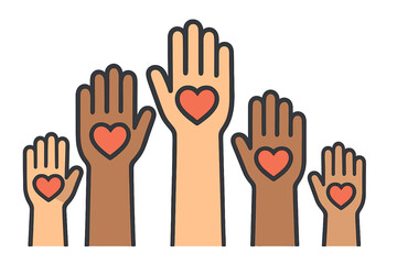 Obraz premium Raised hands with hearts volunteering to help. Vector flat icon for volunteer, charity, donation, contribution. Diverse community support, teamwork, love, unity, social aid.