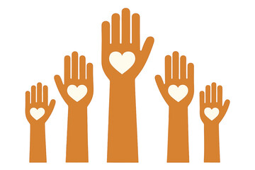 Raised hands with hearts icon. Volunteering, charity, and donation concept. Vector illustration of community support, help, and love. Flat design for a good cause and contribution.