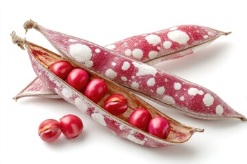 Close-up of fresh speckled pods, one opened revealing vibrant red seeds on a white background