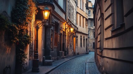 Obraz premium An old European city street with charming architecture and classic lampposts.