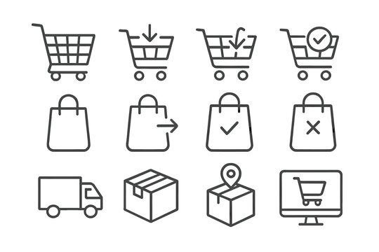 Shopping cart and bag icons outline set, delivery package and tracking symbols, editable linear stroke vector collection for ecommerce, online shopping, web, app, business, and retail concepts