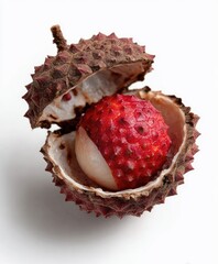 A close-up of a split lychee fruit revealing its flesh on a white backdrop
