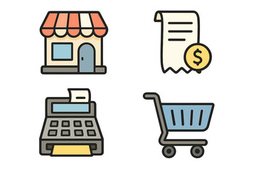Shopping icon bundle with store, receipt, cash register, and shopping cart. Vector cartoon illustration for e-commerce, retail, apps, web design, and marketing cards