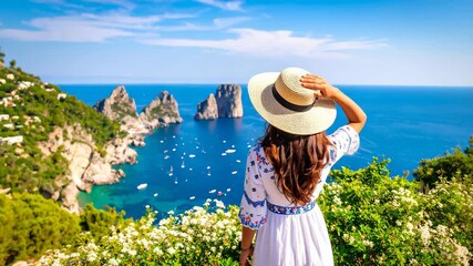 Woman in white dress with hat looking out at sailboats and rocky cliffs along the coastline in sunny weather