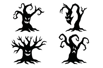 Naklejka premium Spooky tree monster vector set. Scary face silhouette collection for Halloween. Creepy haunted forest characters. Old gnarled evil wood illustration. Horror nature elements.