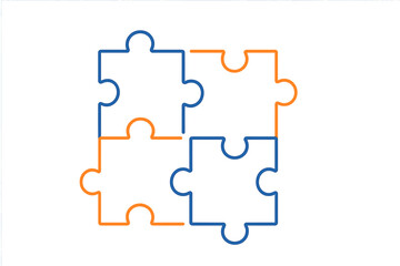 Corporate blue and orange puzzle icon with four interconnected pieces, thin line vector illustration for business strategy, startup concept, teamwork, and game planning