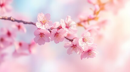 Cherry blossoms in full bloom with soft focus against a pastel sky, symbolizing spring and delicate beauty.