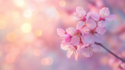 Cherry blossoms in full bloom with soft focus against a pastel sky, symbolizing spring and delicate beauty.