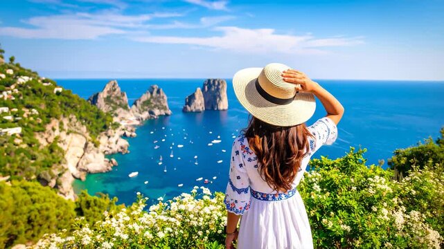Woman in white dress with hat looking out at sailboats and rocky cliffs along the coastline in sunny weather