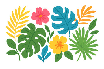 Summer tropical paper cut leaves and flowers, exotic Hawaiian palm and monstera jungle foliage decorative vector illustration, colorful cartoon floral background design