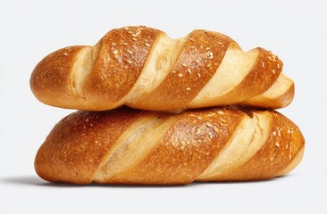 Two golden loaves of bread stacked, with spiral patterns and sesame seeds, on white