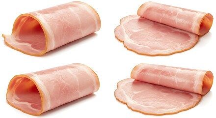 Rolled and Sliced Ham Arrangements on White Backdrop, Ready for Cooking