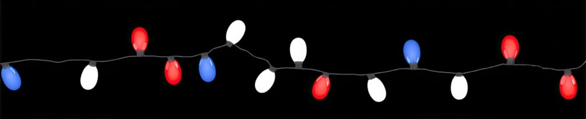 String of colorful decorative lights on a black background, red, white, and blue bulbs