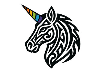 Stylized geometric unicorn head vector icon with colorful rainbow horn. Tribal tattoo style illustration. Mythical creature mascot logo. Fantasy animal symbol of pride, magic.