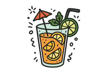 Summer drink doodle icon. Fresh cocktail hand-drawn vector illustration. Lemonade in glass with orange, lime, mint and umbrella. Refreshment for beach party or vacation.