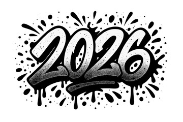 Urban graffiti 2026 bold spray paint style with paint drops splash effects black on white, 90s street art design for banner, poster, greeting card, sticker, vector illustration