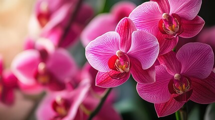 Close-up of vibrant pink orchids with intricate details, exuding exotic beauty.