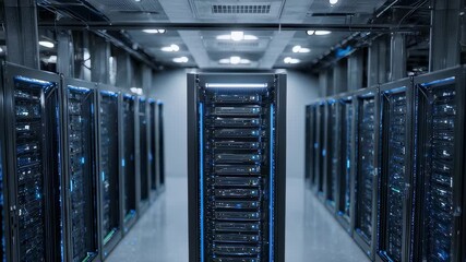 Rows of server racks in a data center. Blue accent lighting, perspective, technical design - Powered by Adobe