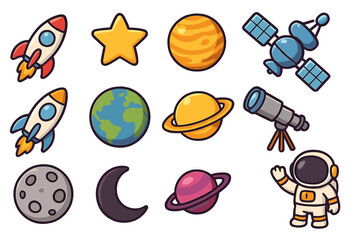 Space icon collection. Cartoon vector set with astronaut, rocket ship, planets, satellite, telescope. Cute kids astronomy clipart for design. Galaxy exploration elements.
