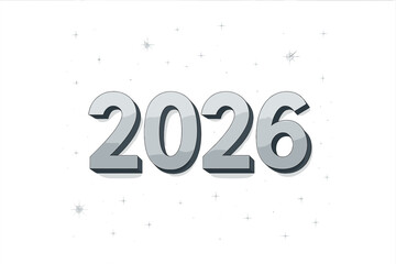 Happy New Year 2026 vector illustration. Modern design with 3D silver metallic numbers and shiny stars. Elegant concept for holiday greeting card, festive web banner.