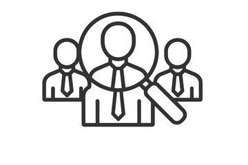 Job recruitment vector icon. Magnifier analyzing business person. Concept of human resources, headhunting, finding talent, employee search, candidate and personnel selection.