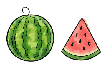 Watercolor watermelon illustration set with whole fruit and juicy slice. Vector doodle sketch of fresh summer food. Hand drawn melon icon for healthy diet and organic eating.
