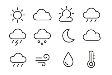Weather line icon set for forecast app and web design. Meteorology signs collection. Sun, rain, snow, wind, cloud, moon, storm and temperature outline vector symbols. UI UX.