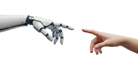 A futuristic depiction of a human hand interacting with a robotic hand, representing technology and human connection. The hands are almost touching, conveying themes of innovation, progress.