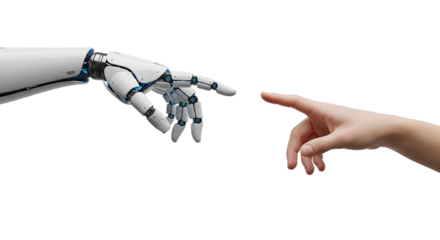 A futuristic depiction of a human hand interacting with a robotic hand, representing technology and human connection. The hands are almost touching, conveying themes of innovation, progress.