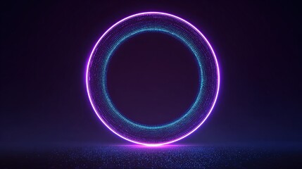 A glowing, futuristic, abstract ring of light in vibrant neon hues against a dark background