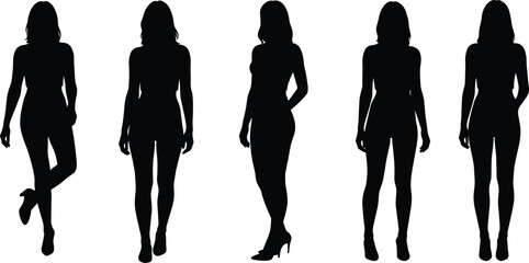 Silhouette of women standing, walking, posing, wearing heels, stylish female figures, elegant body shape, fashion concept, modern beauty posture, outline
