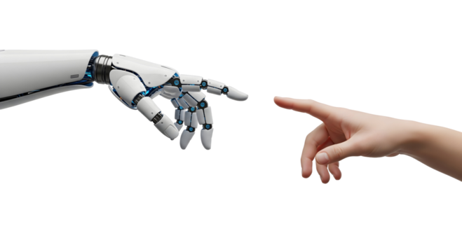 A futuristic depiction of a human hand interacting with a robotic hand, representing technology and human connection. The hands are almost touching, conveying themes of innovation, progress.