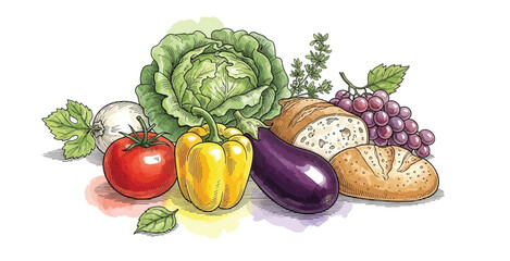 Hand-drawn illustration of fresh vegetables, fruits, and vegetables, herbs. watercolor illustration isolated on white background
