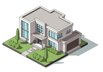 Isometric vector illustration of modern suburban house with garage, flat roof, green yard, bushes, and large windows. isolated on white background