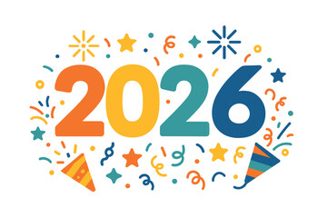 Happy New Year 2026 vector illustration. Festive design with colorful numbers, confetti, and fireworks for party invitations, banners, and posters. Celebration graphic element.